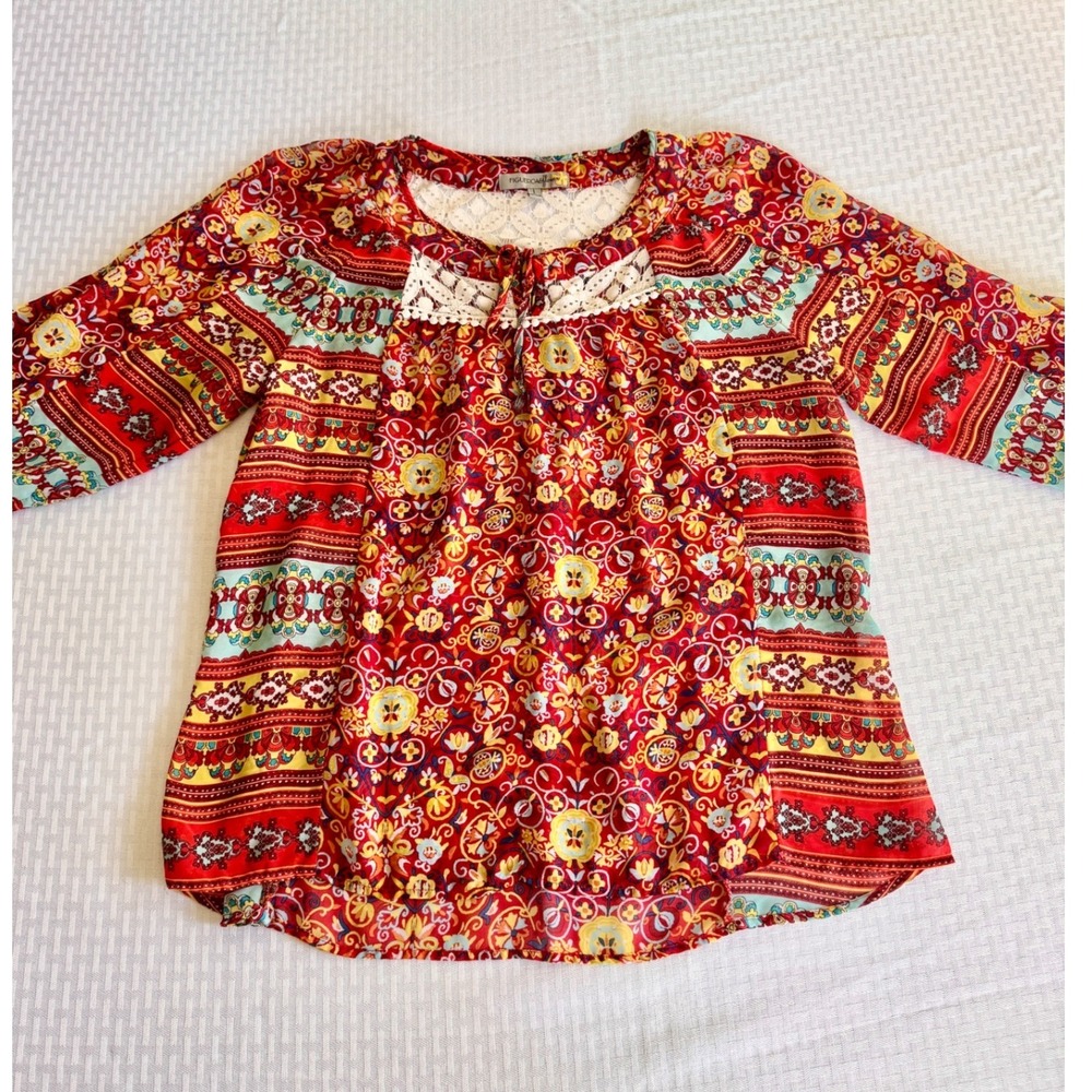 Figueroa & Flower Womens Boho Red Paisley Crochet Lace Peasant Blouse Top Large